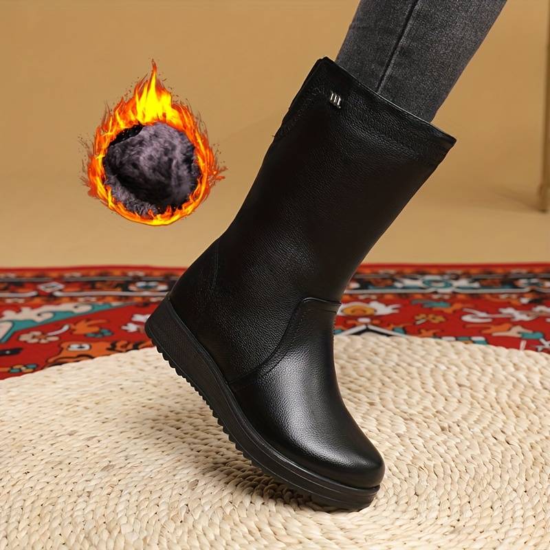 Women's Warm Lined Mid Calf Boots with Stretch Back Panel
