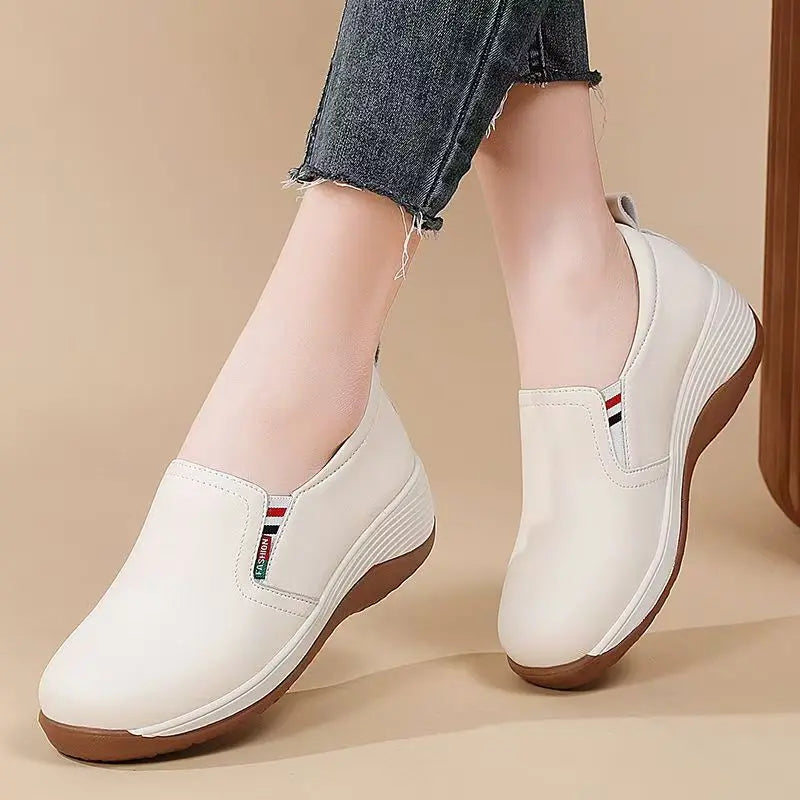 Women's Thick Sole Slip On Leather Look Loafers