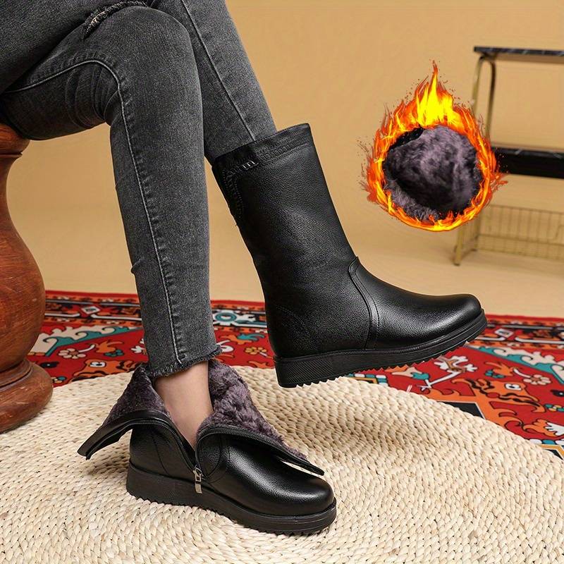 Women's Warm Lined Mid Calf Boots with Stretch Back Panel