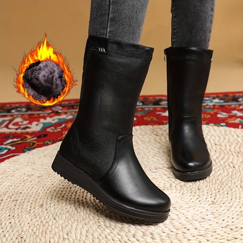 Women's Warm Lined Mid Calf Boots with Stretch Back Panel