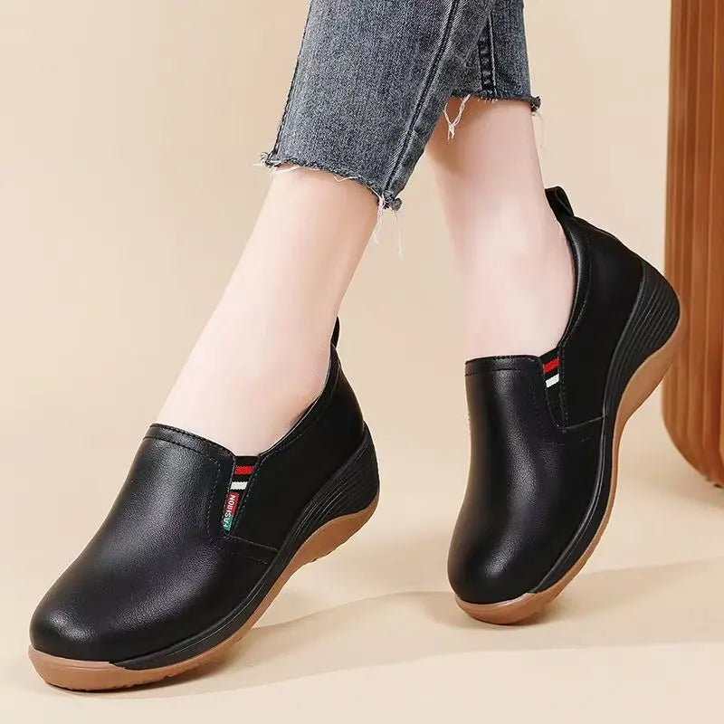 Women's Thick Sole Slip On Leather Look Loafers